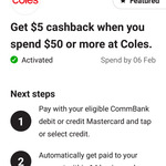 Coles $5 Cashback for $50 or More Spend - CommBank App Rewards