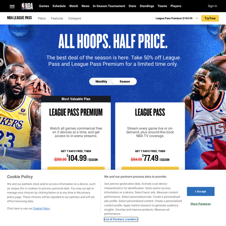 NBA League Pass 50 off Standard A 77.49 Premium A 104.99 Per