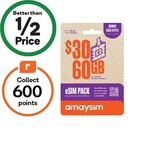 amaysim $30 60GB Starter Pack for $10, amaysim $40 100GB Starter Pack for $15 + Bonus 600 EDR Points @ Woolworths