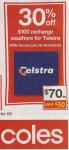 $100 Telstra recharge for $70 at Coles - 30% off!
