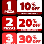 10% off 1 Pizza, 20% off 2 Pizzas, 30% off 3 Pizzas (Delivery or Pickup) @ Domino's