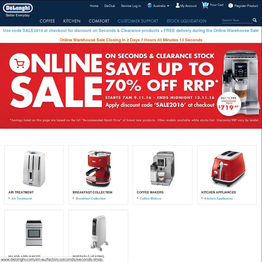 DeLonghi Discount on Seconds Clearance Products FREE Delivery