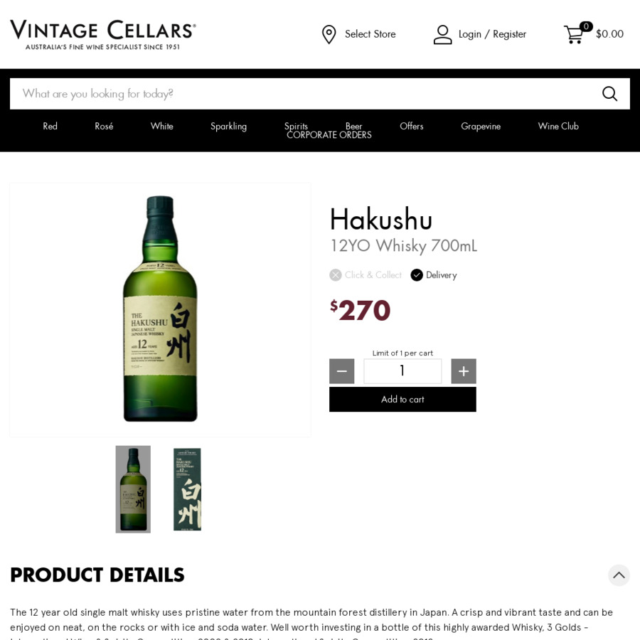 Hakushu 12YO Whisky 700ml 270 Was 319 Vintage Cellars