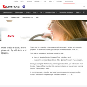 Free Qantas Frequent Flyer Membership via Avis (Save $99.95)