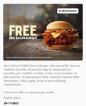 Free BBQ Bacon Burger with Minimum $5 Spend in-Store at Participating Restaurants @ Red Rooster (Red Royalty Required)