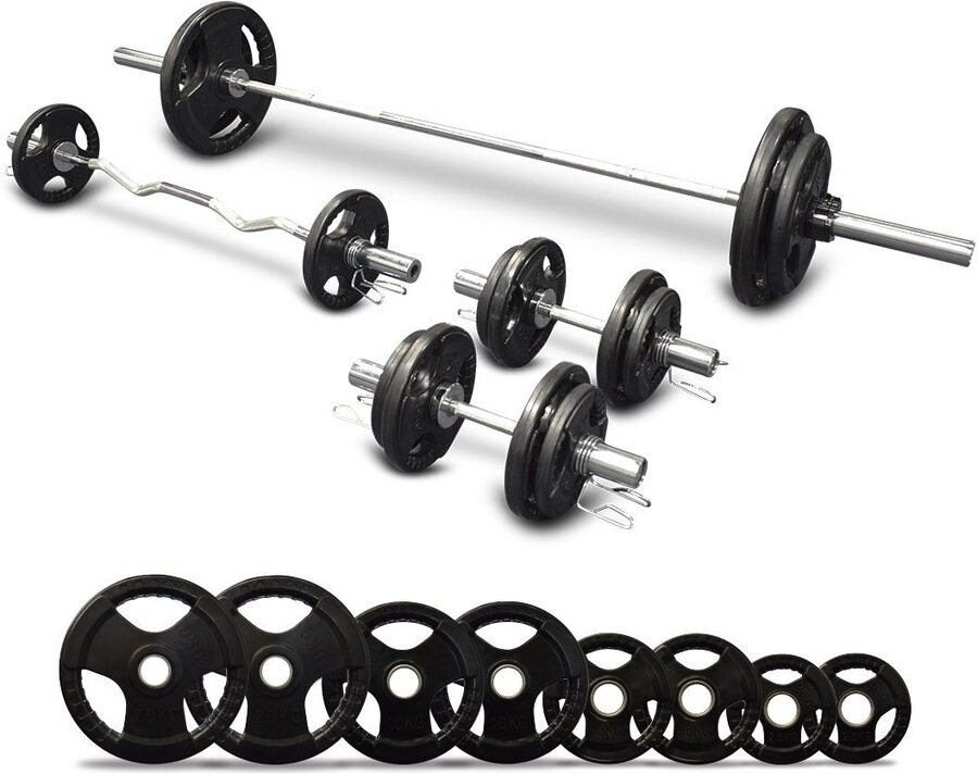 115kg Olympic 7ft Barbell + EZ Curl Bar + Olympic Dumbbells + Weight ...