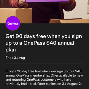 90 Days Free OnePass Membership with $40 Annual Plan Sign up (New or Returning Trialists) @ Commbank Yello (Activation Required)