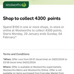 Collect 4300-5400 Everyday Rewards Points with $100 Min Spend (1 or More Shops) @ Woolworths (Activation Required)
