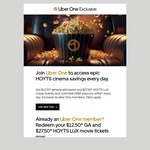 [Uber One] Hoyts $12.50^ (General) / $27.50^ (LUX) Movie Tickets & Unlimited Free Popcorn refills* Every Day