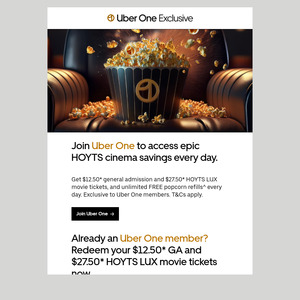 [Uber One] Hoyts $12.50 (General) / $27.50 (LUX) Movie Tickets | Same Day Unlimited Free Popcorn Refills @ Uber Eats App