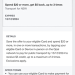 [NSW] AmEx Statement Credit: Spend $20 or More at Transport for NSW, Get $5 Cashback (Up to 3 Times) @ American Express