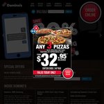 Dominos Mega Facebook Deal - Any 3 Pizzas, 2 Garlic Bread & 2 1.25L Drinks for $36.95 Delivered