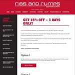 25% off The Total Bill on  Tuesday , Wednesday & Thursday  @ Ribs and Rump [NSW, VIC, QLD]