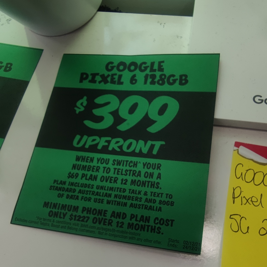 [WA] Google Pixel 6 128GB 399 on a 69 Telstra Plan for 12 Months (256GB for 529) JB HiFi