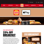25% off Breakfast Menu ($10 Minimum Spend, Pay with Apple Pay, Pick-up Orders Only) @ Hungry Jack's via App