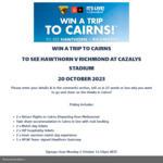 Win Return Flights for 2 from Melbourne to Cairns, 1 Night Hotel, 2 AFLW Ticket Inc Drinks/Food, Guernsey from Hawthorn FC