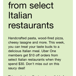 [Uber One] $10 off $30 Spend from Select Italian Restaurants @ Uber Eats