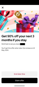[Uber One] Customer Retention Offer: 90% off 3 Months Membership @ Uber Eats