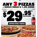 Domino's 3 Pizzas + Garlic Bread + 1.25l Drink $29.95 Delivered