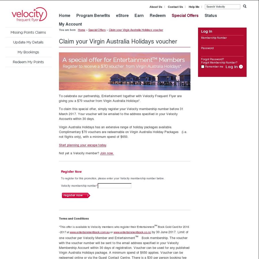 Virgin Australia Holidays 70 Voucher (Min Spend 650) for Velocity