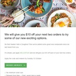 UberEATS - $10 off Your Next Two Orders (New Melbourne Customers Only)