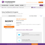 [NSW] Sony $60 Cashback (In Store) with $500 Minimum Spend @ Cashrewards