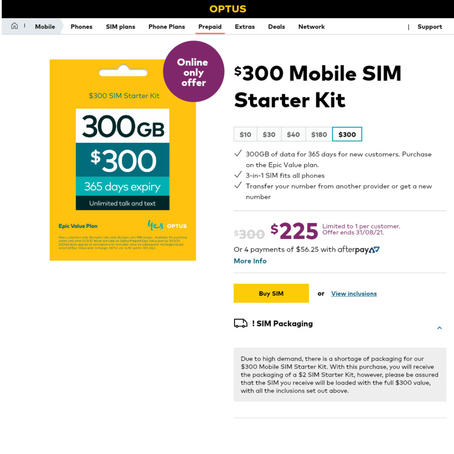 Optus Prepaid $300 Mobile SIM Starter Kit - 365 Days, 300GB, $225