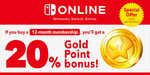 20% Gold Point Bonus With 12-Month Subscription or Renewal to Nintendo Switch Online @ Nintendo eShop