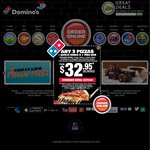 Domino's - 3 Traditional Pizzas, 2 Garlic Breads, 2x 1.25L Coke $26.95 Pickup or $31.95 Delivered