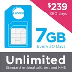 Lebara Long Term, Unlimited Calls/SMS, 7GB, up to 250 International Minutes, $19.92/30 Days. $239.00 for 360 Days