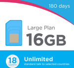 Lebara Large Plan 180 Days – 16GB Data/Month + Unlimited Oz Talk/Text, Unlimited 18 Countries - $160