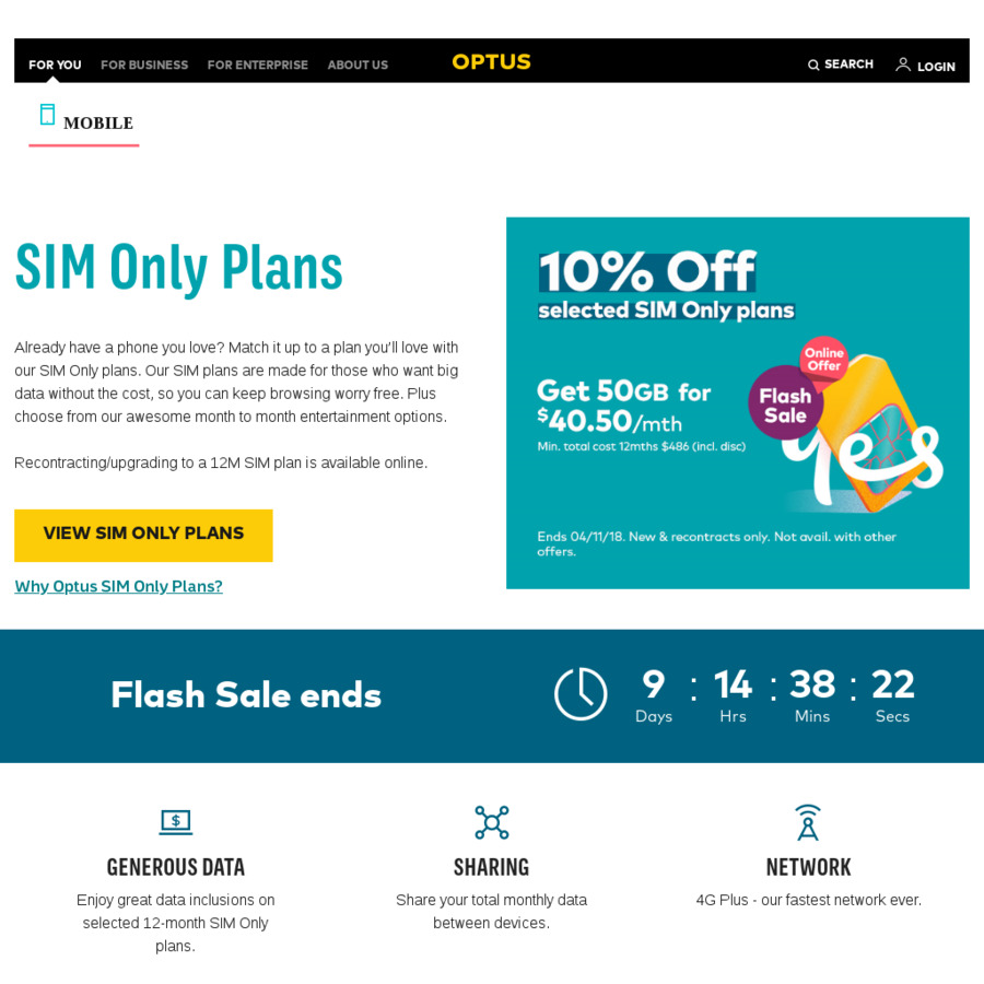 Optus - SIM Only Plans - $40.50/50GB Data, $49.50/80GB Data Per Month