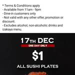 [QLD] All Sushi Plates $1, Saturday 17/12 @ Mistaboo Sushi & Izakaya, Warrigal