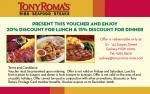 Tony Romas 20% for lunch and 15% for dinner - Sydney Only