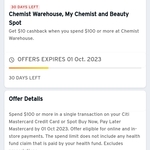 Chemist Warehouse $10 Cashback on $100 Spend @ Citibank Credit Cards