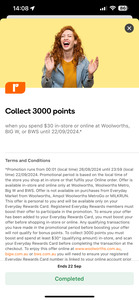 Collect 3,000 Bonus Points on $30 Spend at Woolworths, BIG W or BWS @ Everyday Rewards via App (Activation Required)