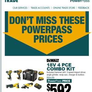 Bunnings Trade Power Pass Required DeWalt 18V Li ion XR 4 Piece