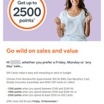 Bonus 1200/1800/2500 Everyday Rewards Points with Purchase of $180/$250/$350 Woolworths Gift Cards @ Everyday Rewards App