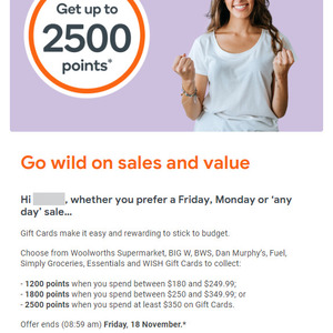 5% bonus value on Woolworths and Big W gift cards on the