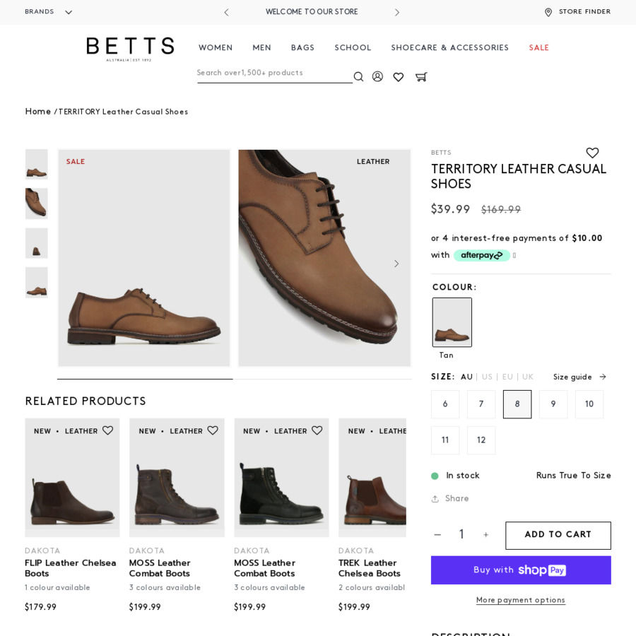 Betts Men's Territory Tan Leather Casual Derby Shoes $27.99 Pair + $10 ...