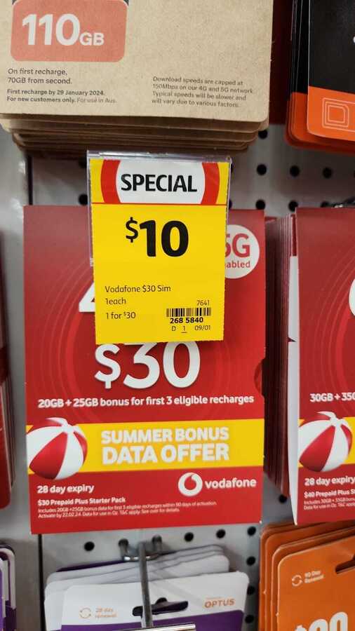 [VIC] Vodafone $30 28-Day Prepaid SIM Starter Pack (45GB Data) $10 ...