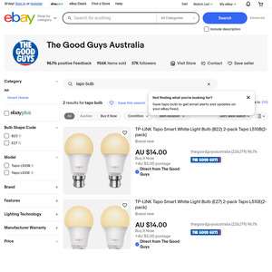 TP-Link Tapo L510 White Dimmable Smart Wi-Fi Light Bulb 2-Pack (E27 or B22) $14 + $5 Delivery @ The Good Guys eBay