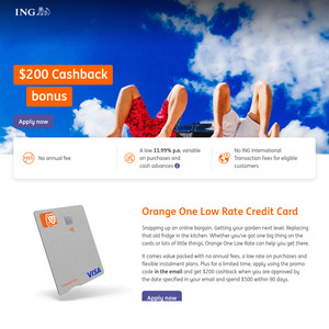 $200 Bonus Cashback with Orange One Low Rate Credit Card ($500 Eligible Spend in 90 Days Required) @ ING