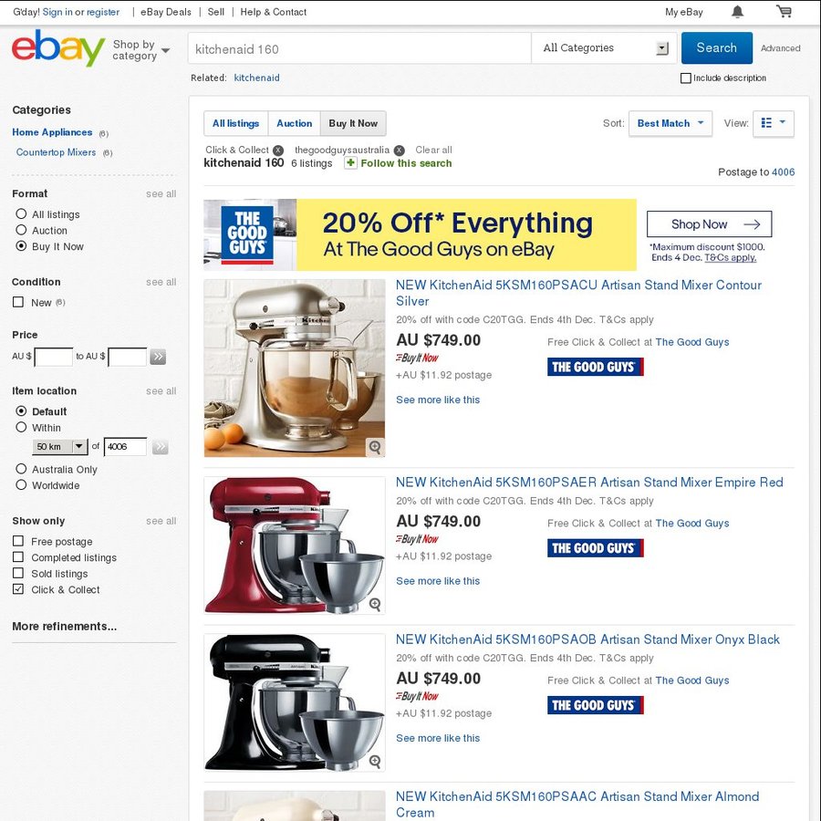 KitchenAid Artesan 160 Mixer $599 (C&C) @ The Good Guys eBay - OzBargain
