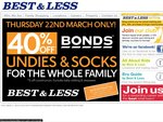 40% off All Bonds Undies & Socks for The Whole Family - Thursday 22nd March Only