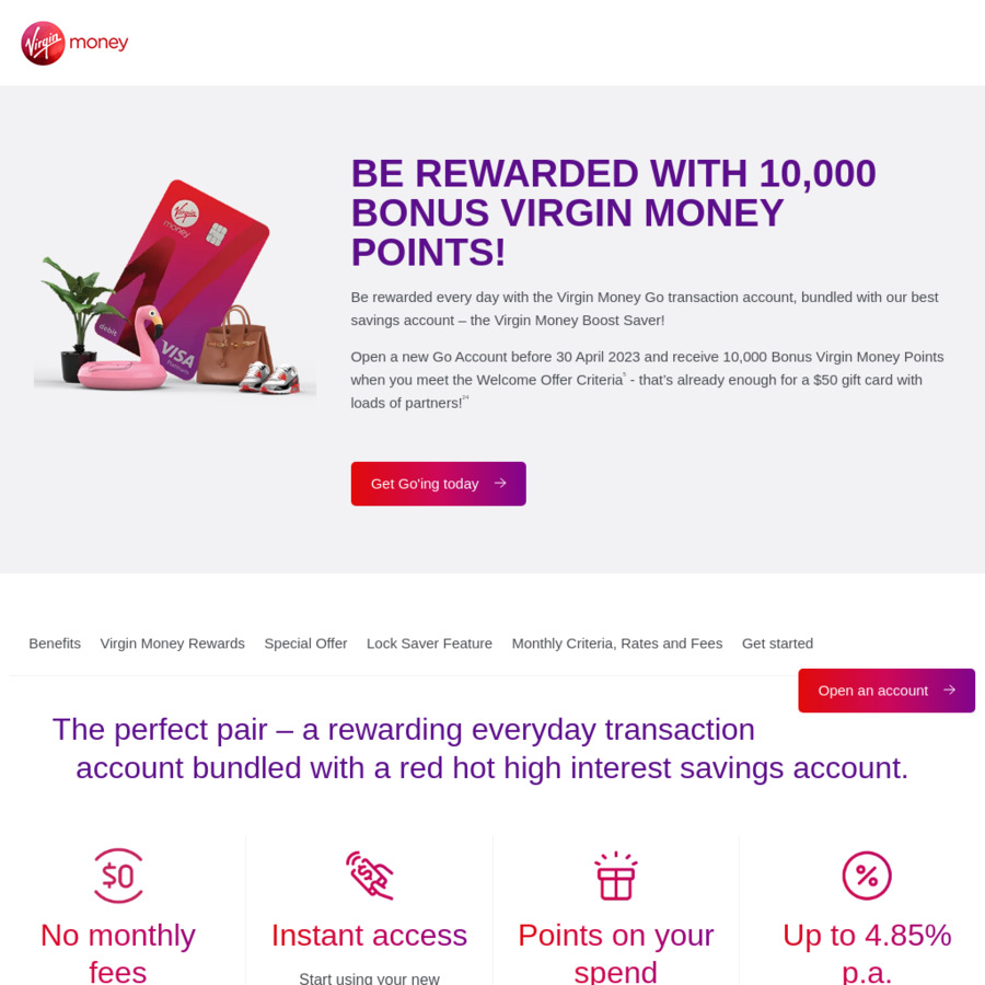 Bonus 10,000 Virgin Money Points (50 GC) with New Go Account (10