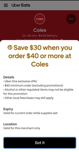 [Uber One] Get $30 off Minimum $40 Grocery Purchase from Coles, Spudshed and Woolworths via UberEATS