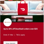 30% off DoorDash Orders over $25 (Max Discount $10, Excludes Alcohol) via Commbank Rewards