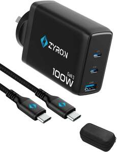 [Pre Order] ZYRON 100W 3-Port 2C1A GaN Charger with 2m Cable & Case $47.99 Delivered @ Zyron Tech