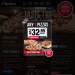 Domino's Pizza: Traditional Pizza for $7.95 Pickup and 3 Pizzas + 1.25l Coke + Garlic Bread for $24.95 Pickup